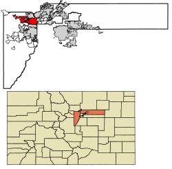 Location of Arvada in Adams County and Jefferson County, Colorado