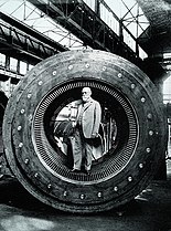 Ottó Bláthy in the armature of a turbo generator (1904)