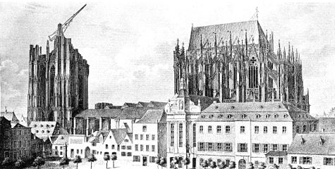 Estáu de les obres de la Catedral de Colonia en 1824.