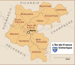 Links die Île-de-France am Vorabend der Revolution mit ihren alten Bezirken. Rechts die heutige Gebietseinteilung der entsprechenden Gebiete in Départements.