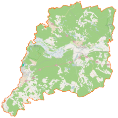 Mapa konturowa powiatu krośnieńskiego, na dole po lewej znajduje się punkt z opisem „Sadzarzewice”