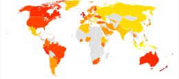 Een wereldkaart waarop Europa, Noord-Amerika, Australië en een groot deel van Zuid-Amerika rood zijn, Azië grotendeels geel en het grootste deel van Afrika grijs is