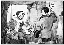 Black and white painting of a boy drawing on an interior wall, facing another boy wearing winter clothing and holding an artist's palette