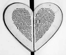Black-and-white microfilm scan of a 2-page spread from a medieval manuscript book. The leaves of the book have been trimmed so that, when the book is laid open flat, the 2 halves create a heart shape. Each page bears 30 lines of Latin text with enlarged decorative initials, including 1 especially ornate initial decorated with fine pen-work.