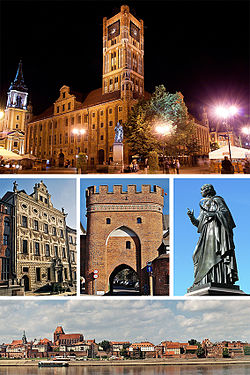 Top: Town hall on Stary Rynek Middle: Dąmbski family Palace, Bridge Gate, Nicolaus Copernicus Monument Bottom: Toruń's medieval Old Town panorama