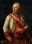 Painting shows a portly man wearing an 18th century wig and a white military uniform with a red waistcoat.