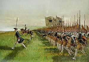 Painting of Prussian infantry marching in formation across a field at the Battle of Hohenfriedberg