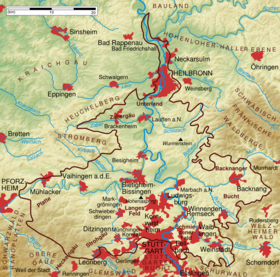 Physische Karte des Neckarbeckens, Naturraum Nr. 123 (braun umrandet)