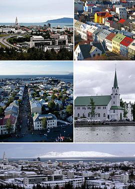 左上：夏季在珍珠楼（英语：Perlan）上眺望雷克雅未克老城区、哈爾格林姆教堂，右上：在哈尔格林姆教堂俯瞰市内的彩色房屋，左中：在哈尔格林姆教堂的尖頂上俯瞰市中心，右中：雷克雅未克自由教堂（英语：Fríkirkjan í Reykjavík），下：冬季在珍珠楼上看到的城市全景。