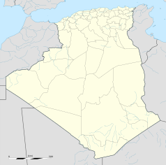 Mapa konturowa Algierii, u góry nieco na lewo znajduje się punkt z opisem „Oran”