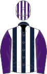 Dark blue and white stripes, purple sleeves, purple and white striped cap