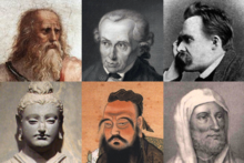 Left to right: Plato, Kant, Nietzsche, Buddha, Confucius, Averroes