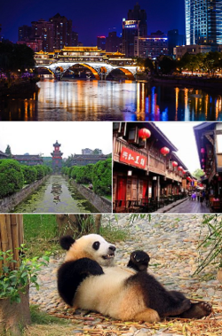 Clockwise from top: Anshun Bridge، Jinli، Chengdu Panda Base, and Sichuan University.
