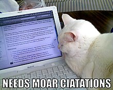 A cat sitting by a computer with Wikipedia open. Text reads "Needs moar citations"