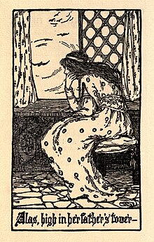 Black ink engraving of a woman wearing a spotted dress, staring wistfully out of a window that is partially covered by lattice and curtains