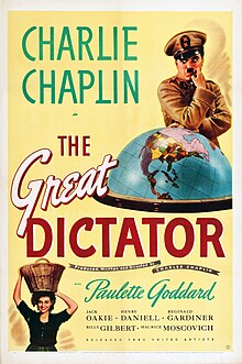 Affiche montrant Chaplin en tenue de dictateur, les yeux rivés sur un globe terrestre. Paulette Goddard est présent en bas de l'affiche portant un panier sur la tête.
