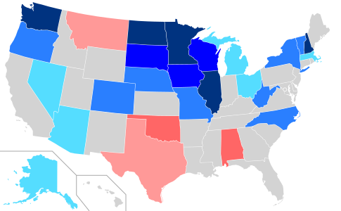 Net changes to upper house seats after the 2006 elections      +1 Dem seat      +2 Dem seats      +4–5 Dem seats      +6 Dem seats      +1 Rep seat      +2 Rep seats