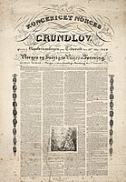 «Kongeriget Norges Grundlov, given i Rigsforsamlingen paa Eidsvold den 17de May 1814 og i Anledning af Norges og Sveriges Rigers Forening, nærmere bestemt i Norges overordentlige Storthing den 4de November s.A.» Litografi utgitt i 1827. Foto: Nasjonalbiblioteket