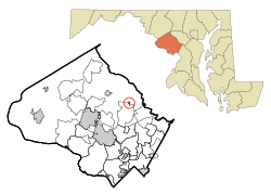 布魯克維爾在蒙哥馬利縣及馬里蘭州的位置（以紅色標示）