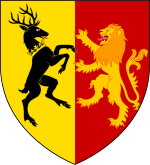 A coat of arms showing a gold on red lion and a black on gold crowned stag combatant.