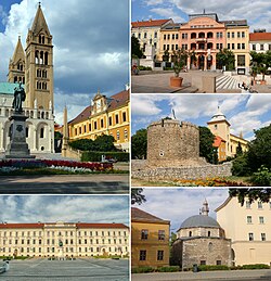 Searah jarum jam dari kiri atas: Katedral, Alun-Alun Széchenyi, Barbakán, Masjid Jakováli Hasszán, Alun-Alun Kossuth