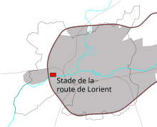 Plan désignant l'emplacement du Roazhon Park dans l'Ouest de l'agglomération rennaise.