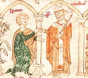Coelestin III. (rechts) und Heinrich VI. in einer Abbildung aus dem Liber ad honorem Augusti des Petrus de Ebulo, 1196