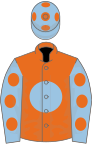 Orange, light blue disc, light blue sleeves, orange spots and spots on cap