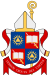 "Bo Giertz's coat of arms shows a checked background with two red and two blue squares on a shield in front of a shepherd's crook; the blue squares feature a yellow triangle inscribed within a stylized sun, whilst the red squares depict an open book over a diagonal sword; the shield is topped with a bishop's mitre and lappets. The motto is in Latin: "Verbum crucis Dei virtus.""