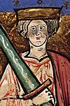 Image of ئthelred II with an oversize sword from the illuminated manuscript "The Chronicle of Abingdon"