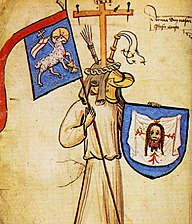 Uma imagem incomum de Jesus como um cavaleiro medieval carregando um brasão de armas baseado no Véu de Verônica