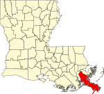 Mapa de Luisiana con la ubicación del Parish Plaquemines