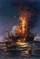 USS Philadelphia, previously captured by the Tripolitans, ablaze after she was boarded by Stephen Decatur and 60 men and set afire, making their escape in the ketch Intrepid, depicted in the foreground.
