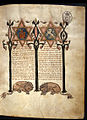 Biblia de Cervera, manuscrito sefardí, 1299-1300, fol. 448v: colofón con dos estrellas de David y las armas de las comunidades hebreas de Castilla y León, custodiadas por los leones de Judá. Biblioteca Nacional de Portugal, Lisboa.