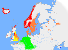 Приблизительное распространение древнеанглийского и других германских языков в начале X века.
