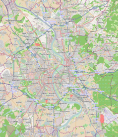 Mapa konturowa Kolonii, w centrum znajduje się punkt z opisem „Köln Hauptbahnhof”