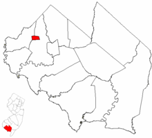 Location of Shiloh in Cumberland County highlighted in red (right). Inset map: Location of Cumberland County in New Jersey highlighted in red (left).