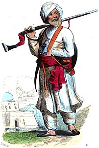 An Afghan soldier wearing perahan tunban, c. 1843