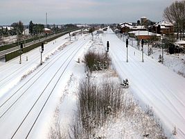 Blick auf das Bahnhofsgelände von Westen