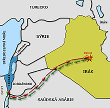 Mapa Blízkého východu s trasou operace Osirak