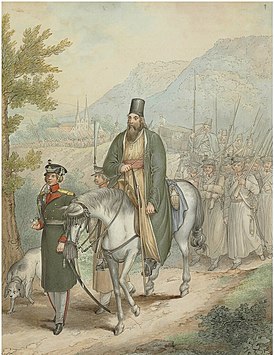 Русский полковой священник на лошади во время Заграничных походов (1813—1814). Литография Опица.