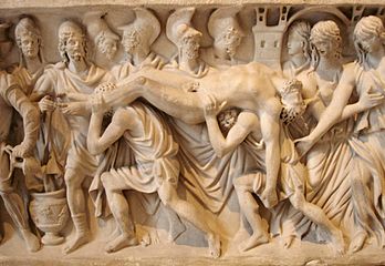 Marmorinen upotettu reliefi. Hektorin ruumis tuodaan Troijaan 180-200.