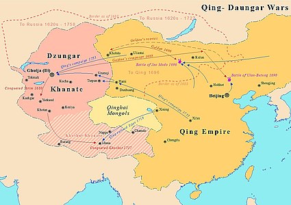 Mapa que muestra les guerras zúngaro-Qing con la ubicación de Jao Modon