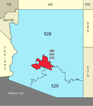 Map of area codes in Arizona, with 480, 602, and 623 highlighted in red