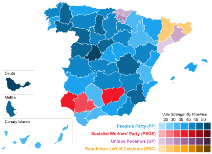 Map of Spain showcasing winning party's strength by constituency