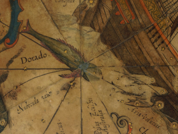 1602年作の天球儀に描かれた Dorado。Avis Volucris なる謎の鳥（のちのとびうお座）を追う正体不明の魚が描かれている。
