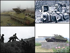 Зверху за годинниковою стрілкою: розбиті азербайджанські бронетранспортери (2005), внутрішньо переміщені особи — азербайджанці з територій, які перейшли під контроль вірмен (1993), танк — пам'ятник в Аскерані (2007), вірменські солдати (1994)
