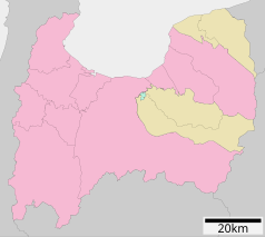 Mapa konturowa prefektury Toyama, po lewej nieco na dole znajduje się punkt z opisem „Nanto”