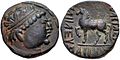 Кушанская копия монеты греко-бактрийского царя Гелиокла, с оригинальной лошадью на реверсе