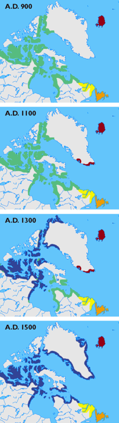 Maps showing the different cultures (Dorset, Thule, Norse, Innu, and Beothuk) in Greenland, Labrador, Newfoundland and the Canadian arctic islands in the years 900, 1100, 1300 and 1500